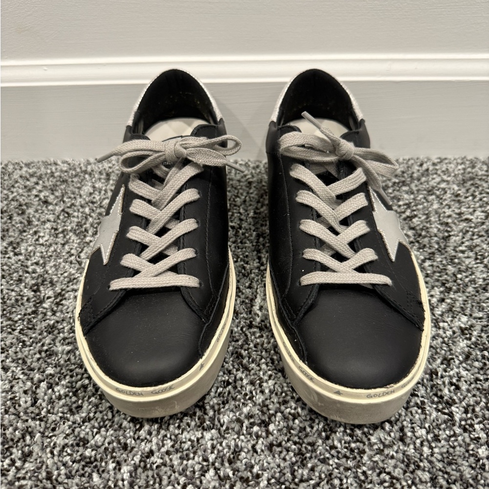 Golden Goose Black Leather Sneakers with Gray Star and Cream Sole